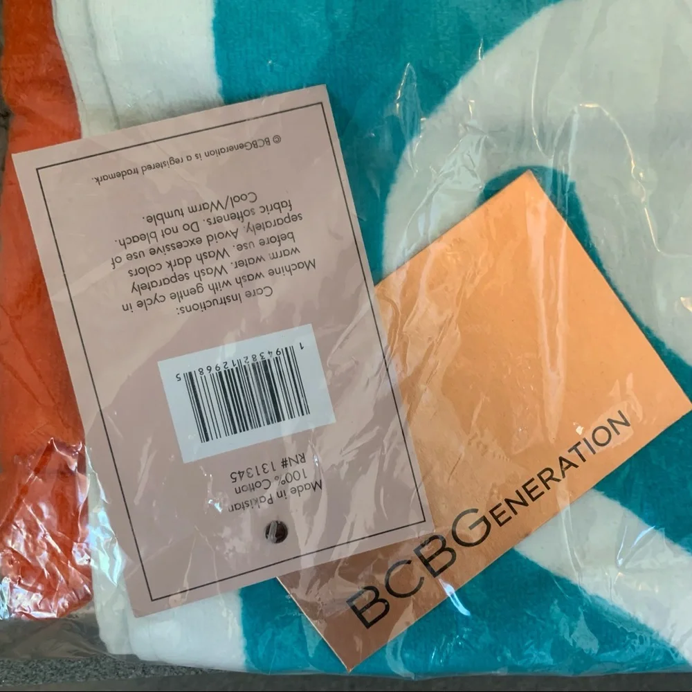 BCBGeneration Striped Palm Logo Cotton Beach Towel, DRIPPING STRIPES, NWT